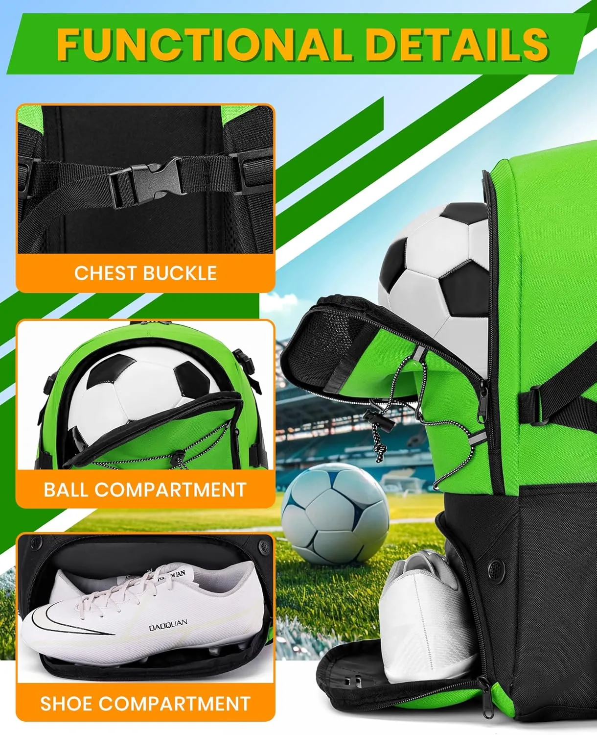 Soccer Backpack with Ball Holder &Soccer bag With Shoe Compartment, Water-Resistant Sports Bag for Soccer, Basketball, Football, Volleyball