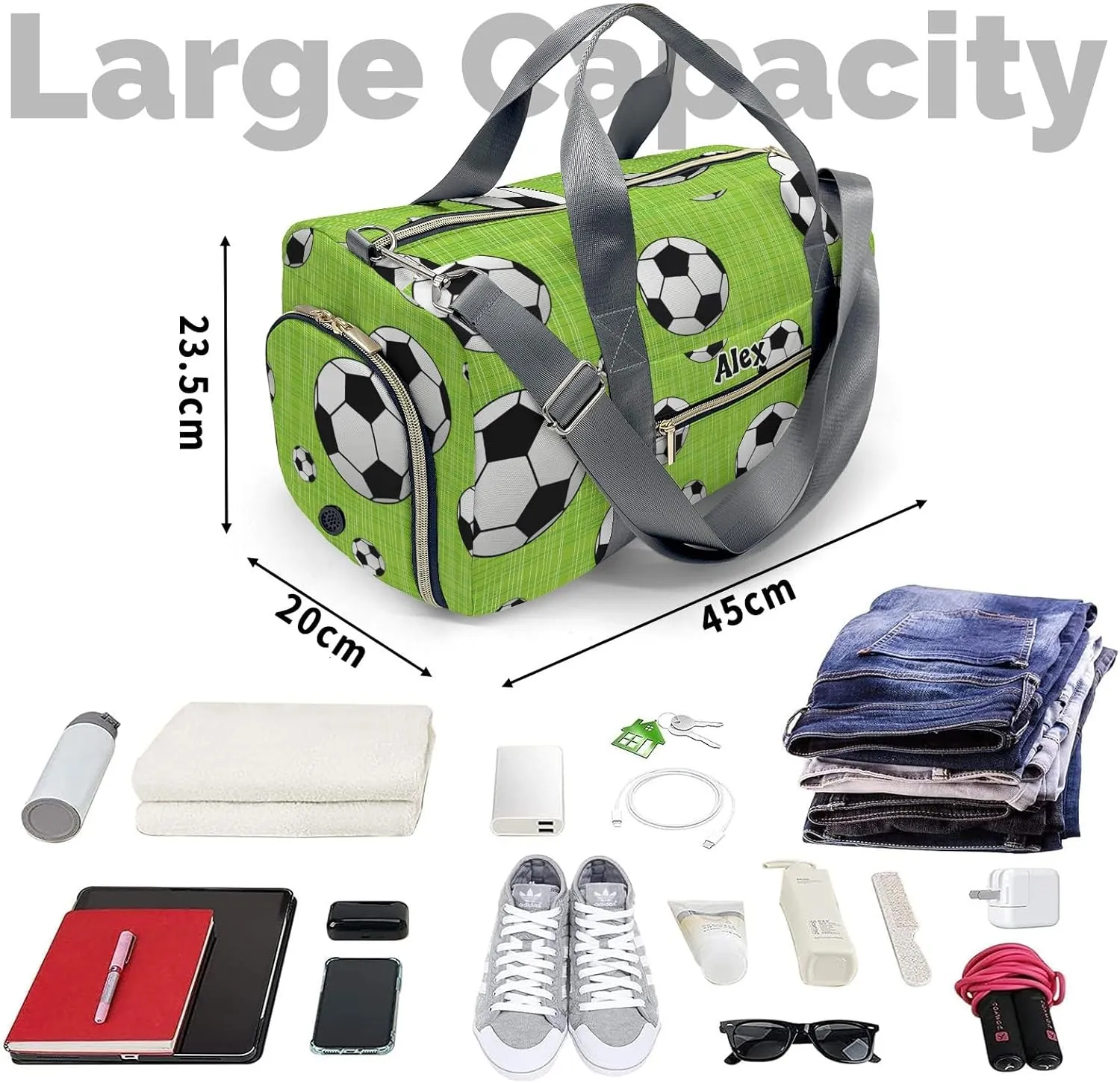 Soccer Green Personalized Duffel Bag,Custom Travel Gym Bag with Name,Waterproof Sports Overnight Bag with Shoe Compartment & Shoulder Strap