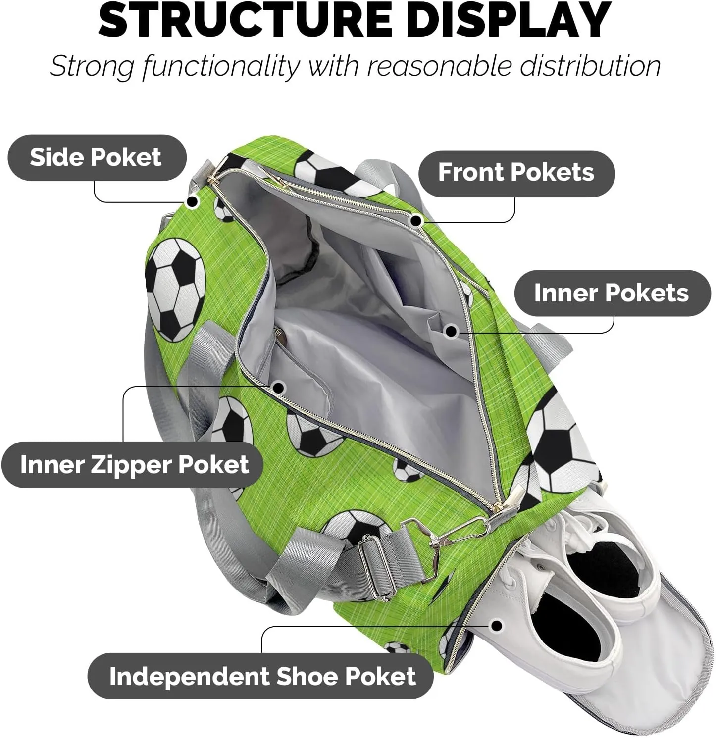Soccer Green Personalized Duffel Bag,Custom Travel Gym Bag with Name,Waterproof Sports Overnight Bag with Shoe Compartment & Shoulder Strap