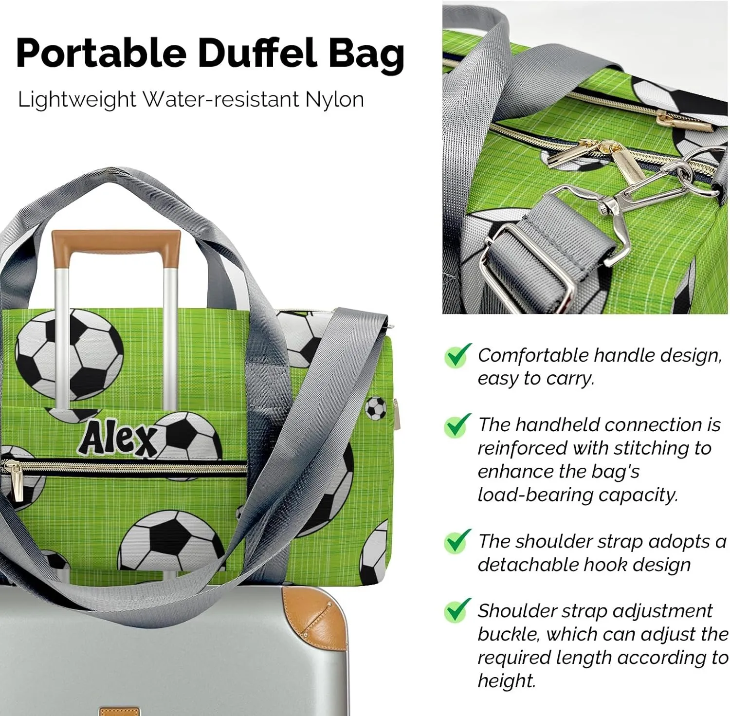 Soccer Green Personalized Duffel Bag,Custom Travel Gym Bag with Name,Waterproof Sports Overnight Bag with Shoe Compartment & Shoulder Strap