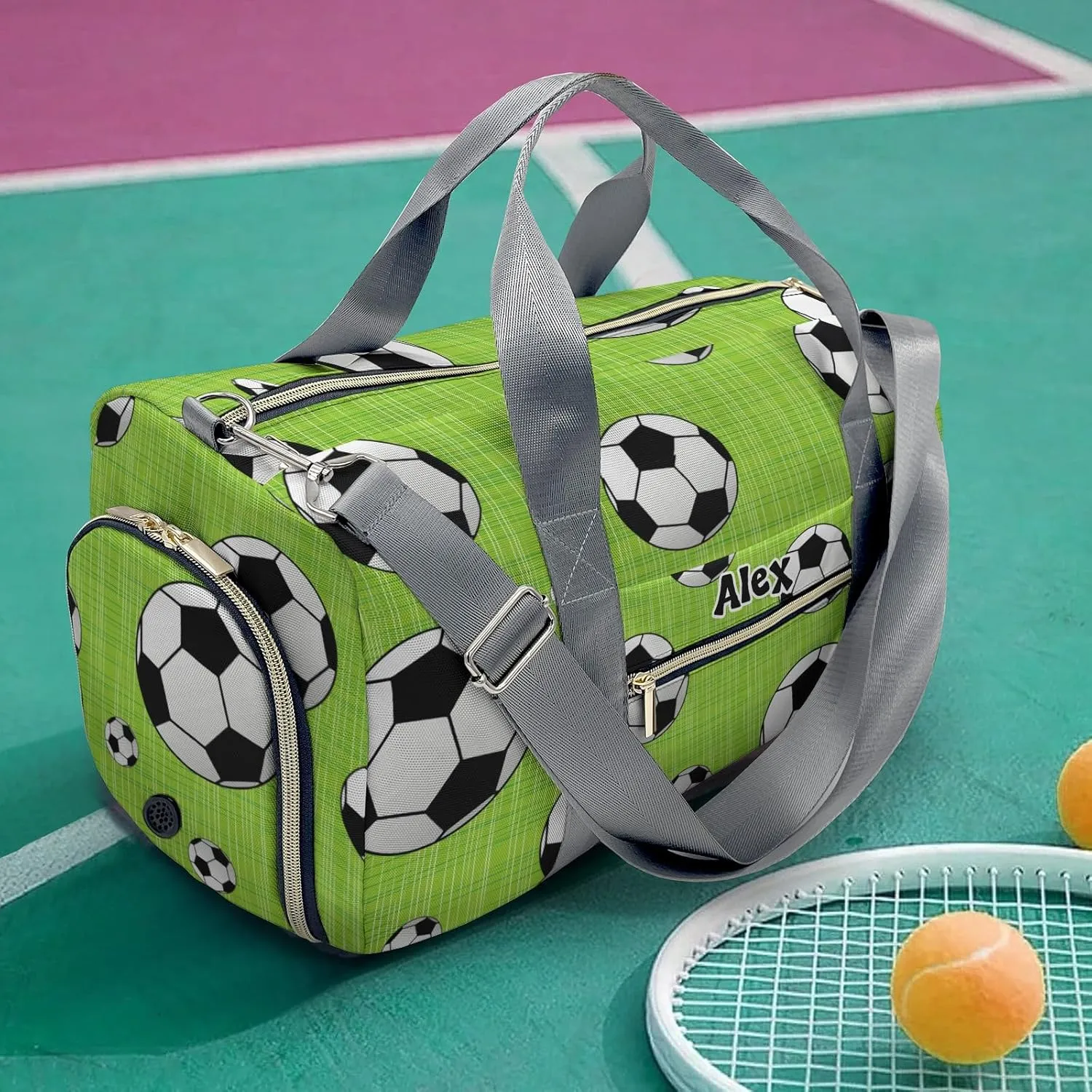 Soccer Green Personalized Duffel Bag,Custom Travel Gym Bag with Name,Waterproof Sports Overnight Bag with Shoe Compartment & Shoulder Strap