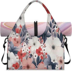 Soft Pink Flora Waterproof Gym Bag for Men Women, Sports Duffel Bag with Shoe Compartment Yoga Mat Holder, Portable Large Travel Bag for Fitness, Camping, Weekend Trips