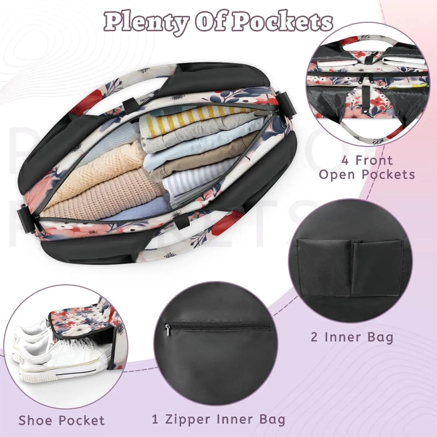 Soft Pink Flora Waterproof Gym Bag for Men Women, Sports Duffel Bag with Shoe Compartment Yoga Mat Holder, Portable Large Travel Bag for Fitness, Camping, Weekend Trips
