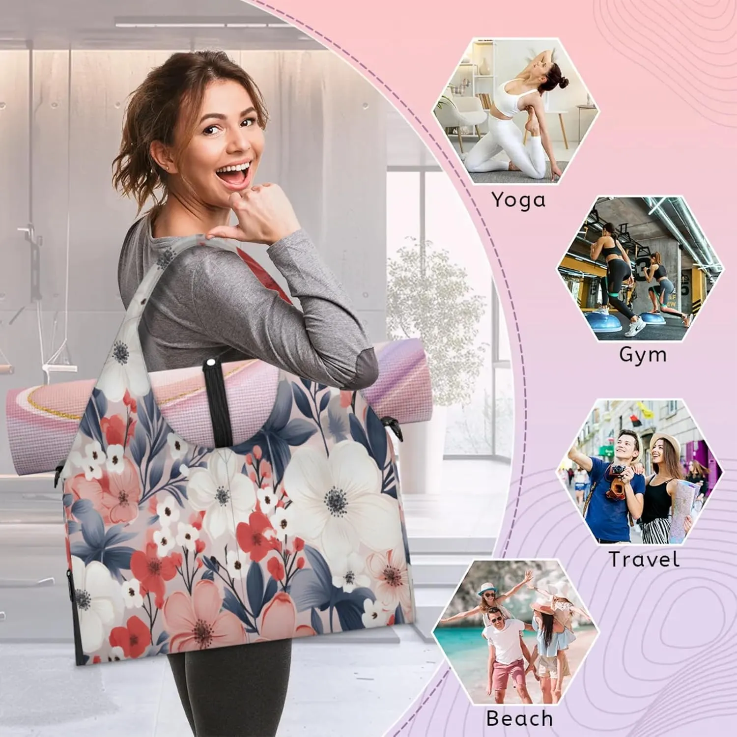 Soft Pink Flora Waterproof Gym Bag for Men Women, Sports Duffel Bag with Shoe Compartment Yoga Mat Holder, Portable Large Travel Bag for Fitness, Camping, Weekend Trips
