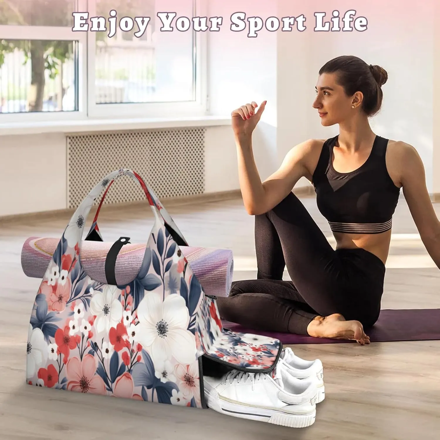 Soft Pink Flora Waterproof Gym Bag for Men Women, Sports Duffel Bag with Shoe Compartment Yoga Mat Holder, Portable Large Travel Bag for Fitness, Camping, Weekend Trips