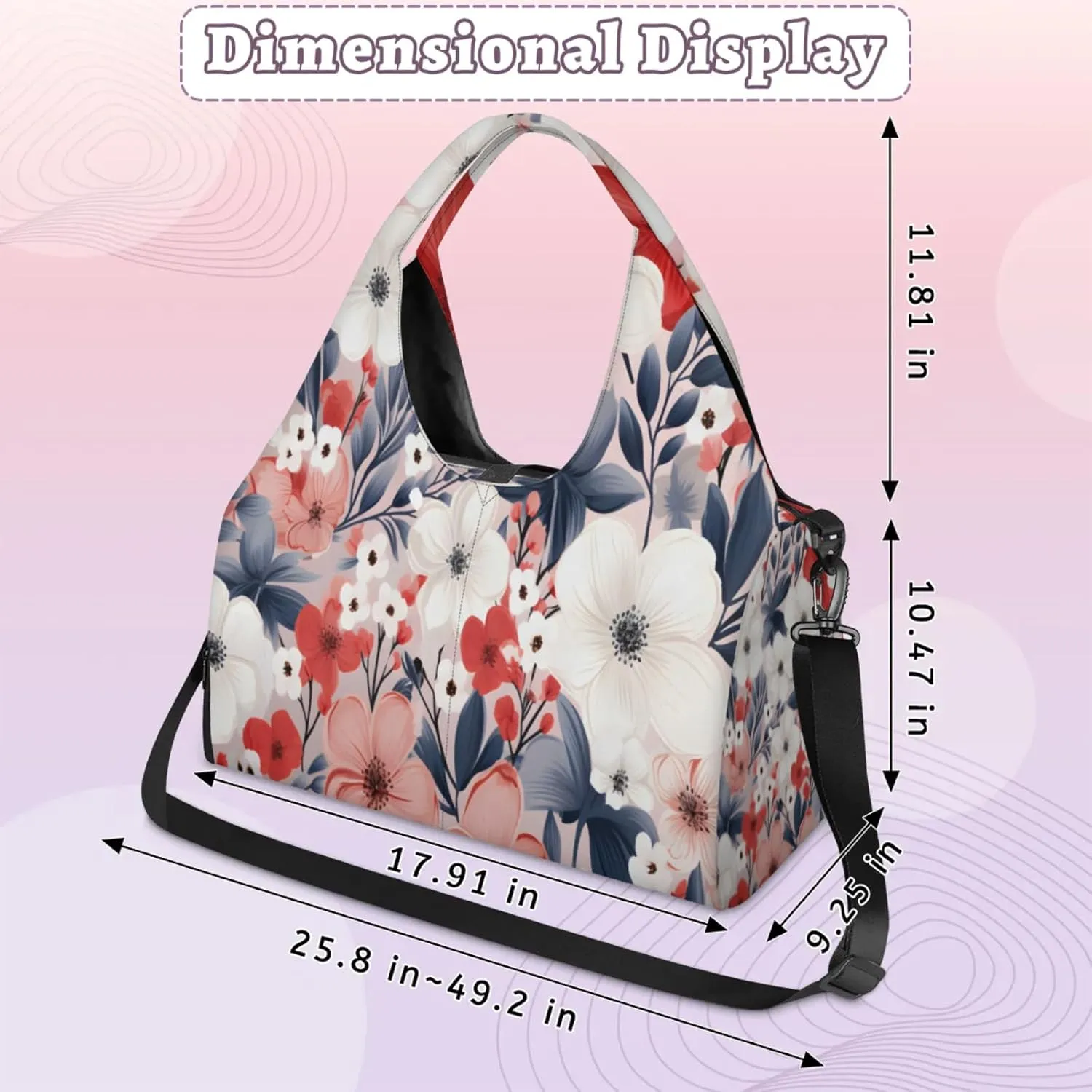 Soft Pink Flora Waterproof Gym Bag for Men Women, Sports Duffel Bag with Shoe Compartment Yoga Mat Holder, Portable Large Travel Bag for Fitness, Camping, Weekend Trips