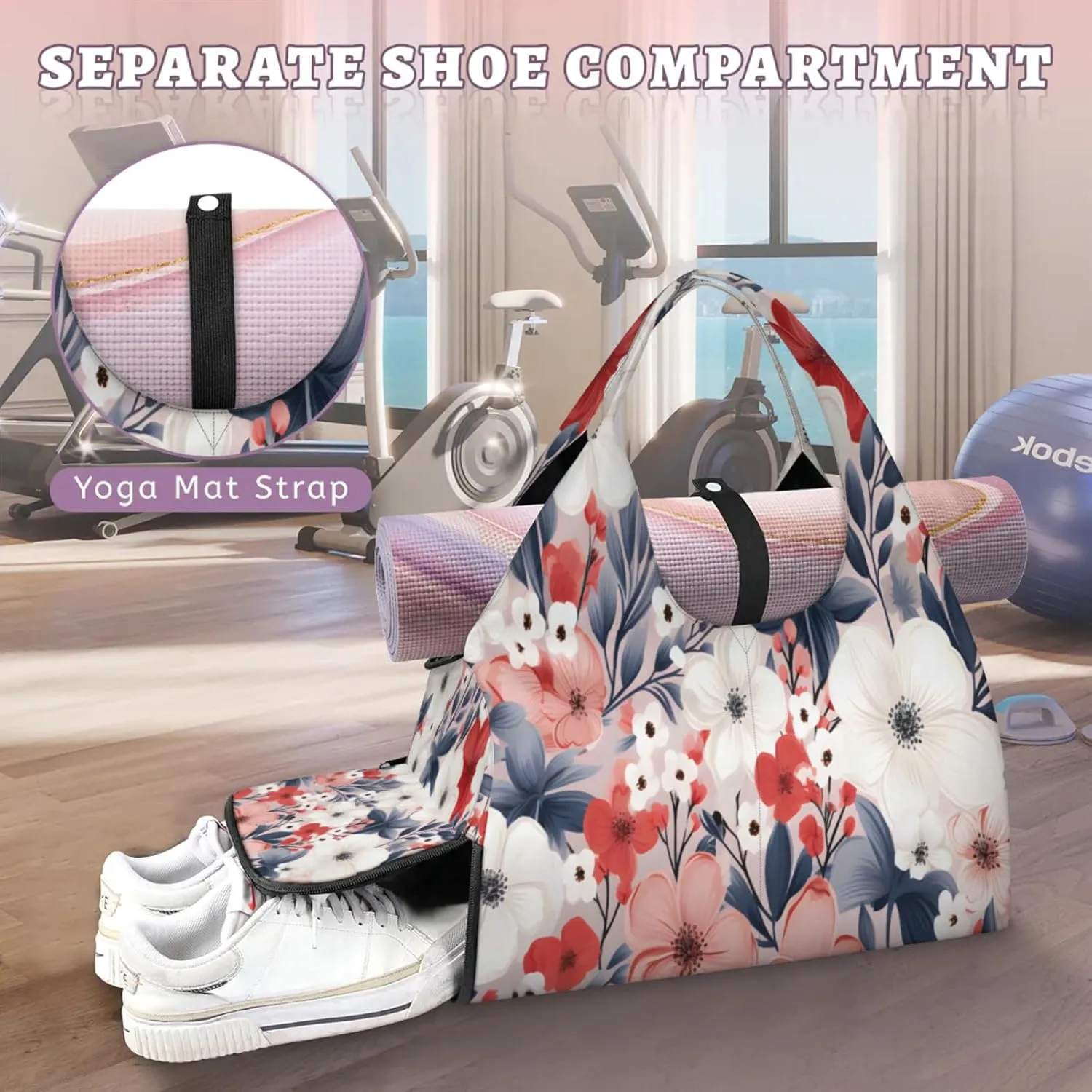 Soft Pink Flora Waterproof Gym Bag for Men Women, Sports Duffel Bag with Shoe Compartment Yoga Mat Holder, Portable Large Travel Bag for Fitness, Camping, Weekend Trips