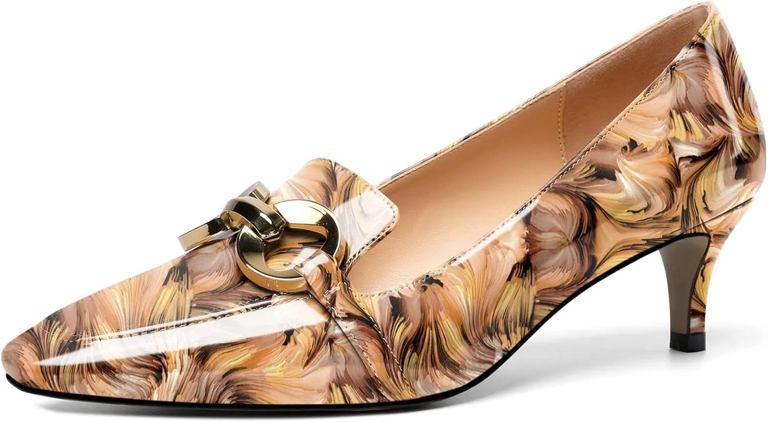 Soireelady Women’s Kitten Heel Pumps Square Toe Low Heel Shoes Metal Buckle Design Slip On Heels Classic Retro Comfort Office Formal Shoes 2Inch