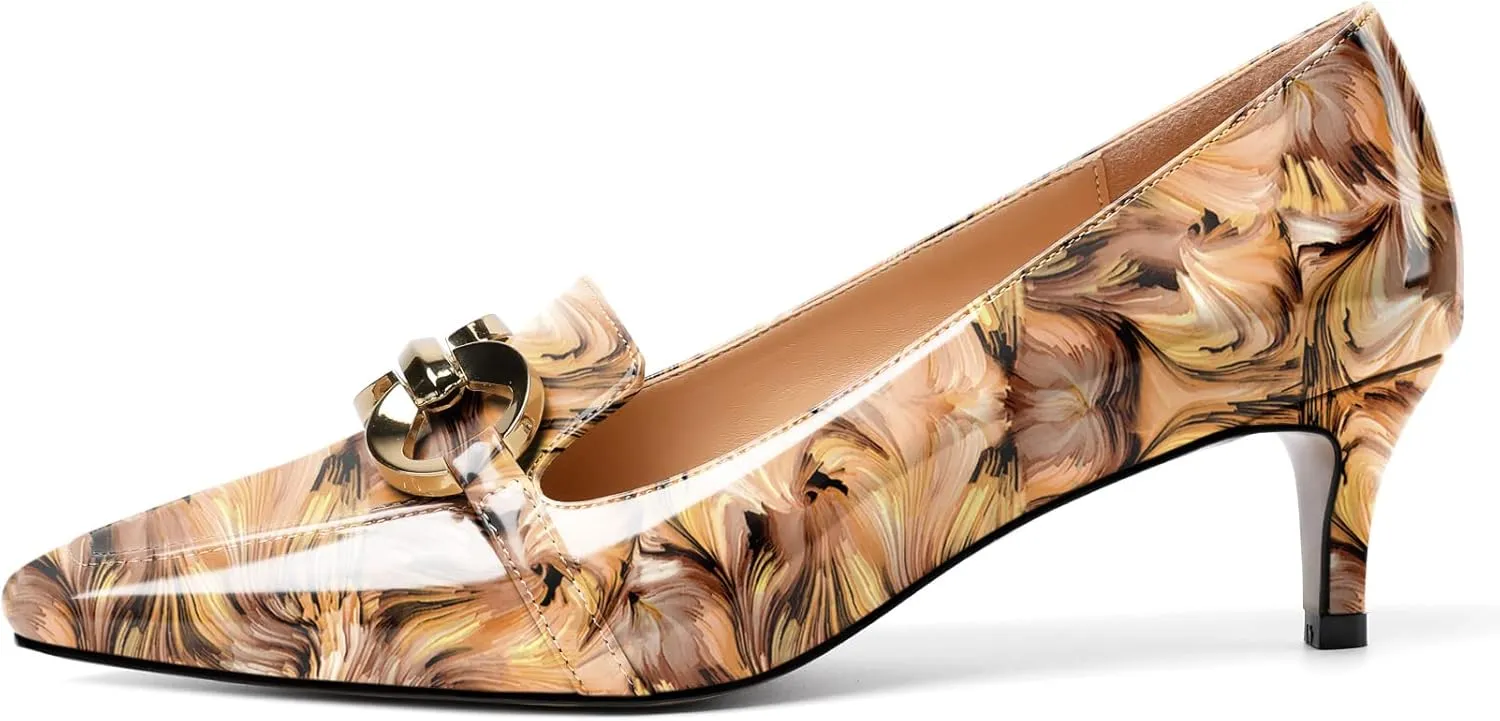 Soireelady Women’s Kitten Heel Pumps Square Toe Low Heel Shoes Metal Buckle Design Slip On Heels Classic Retro Comfort Office Formal Shoes 2Inch