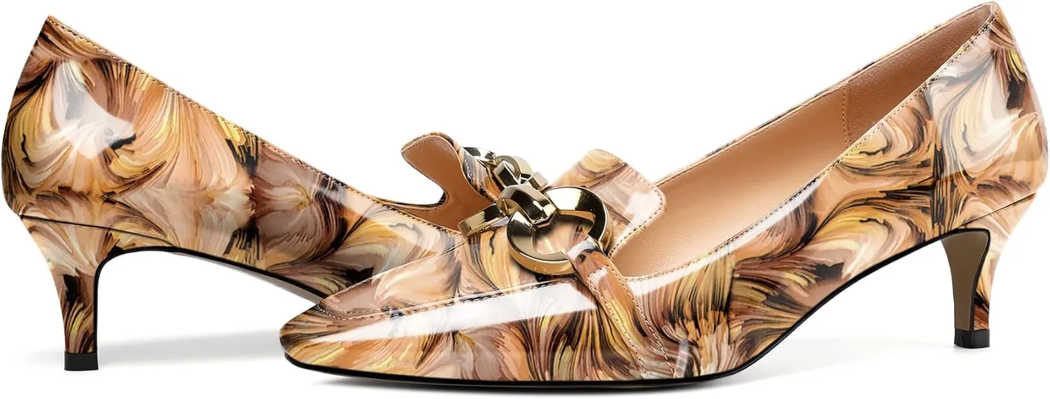 Soireelady Women’s Kitten Heel Pumps Square Toe Low Heel Shoes Metal Buckle Design Slip On Heels Classic Retro Comfort Office Formal Shoes 2Inch