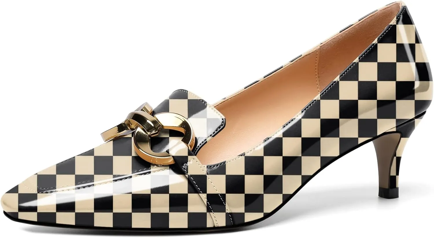 Soireelady Women’s Kitten Heel Pumps Square Toe Low Heel Shoes Metal Buckle Design Slip On Heels Classic Retro Comfort Office Formal Shoes 2Inch