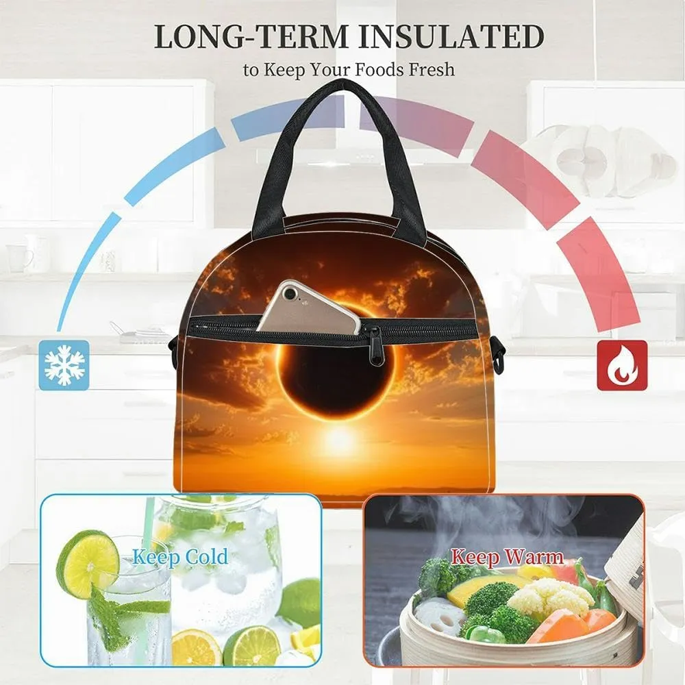 Solar eclipse panoramic view the sky while the moon blocks the sun Insulated Adult Lunch Bag with Shoulder Strap for Women Lightweight Reusable Portable Freezable Lunch Tote Bag for Work Picnic