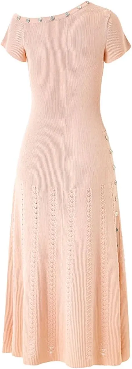Solid Spliced Slimming Button Long Dresses for Women Short Sleeve High Waist Evening Dress