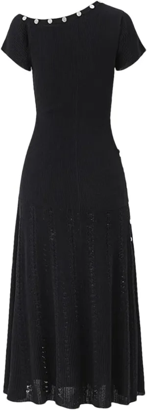 Solid Spliced Slimming Button Long Dresses for Women Short Sleeve High Waist Evening Dress