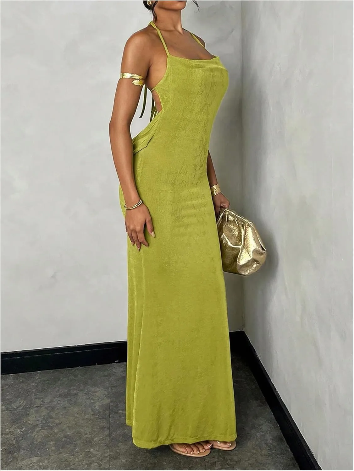 SOLY HUX Women's Backless Bodycon Maxi Dress Halter Draped Sleeveless Party Club Long Dresses