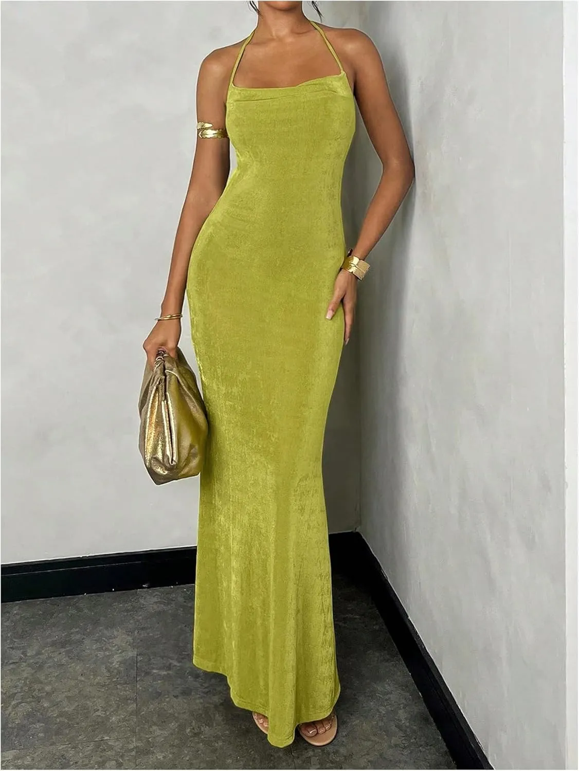 SOLY HUX Women's Backless Bodycon Maxi Dress Halter Draped Sleeveless Party Club Long Dresses
