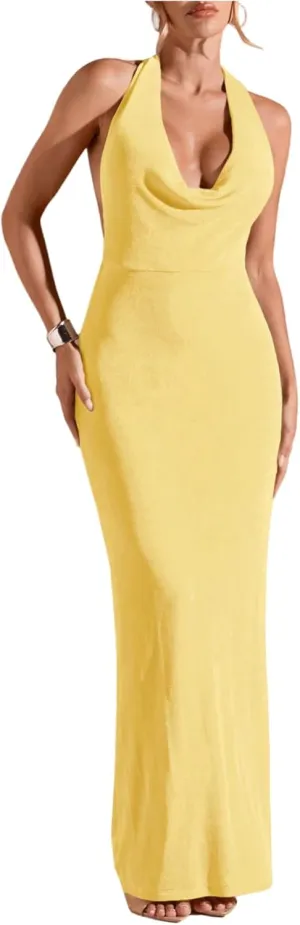SOLY HUX Women's Halter Bodycon Maxi Dress Draped Sleeveless Backless Cocktail Party Long Dresses