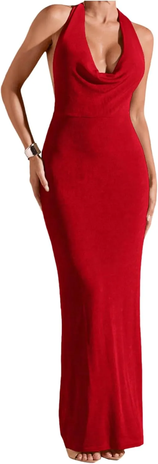 SOLY HUX Women's Halter Bodycon Maxi Dress Draped Sleeveless Backless Cocktail Party Long Dresses