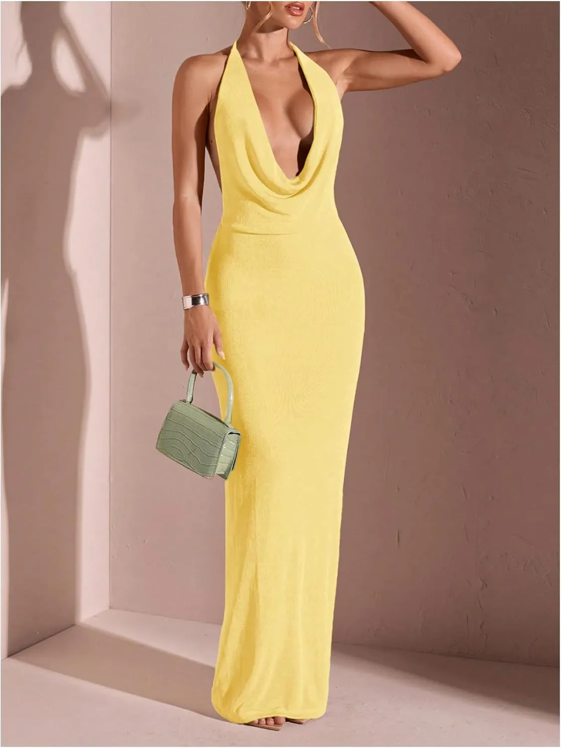 SOLY HUX Women's Halter Bodycon Maxi Dress Draped Sleeveless Backless Cocktail Party Long Dresses
