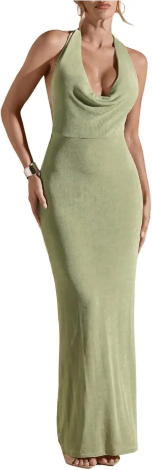 SOLY HUX Women's Halter Bodycon Maxi Dress Draped Sleeveless Backless Cocktail Party Long Dresses