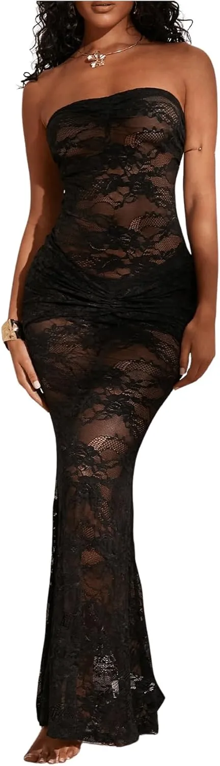 SOLY HUX Women's Lace Sheer Maxi Dress Strapless Sleeveless Tube Fishtail Bodycon Long Party Club Dresses
