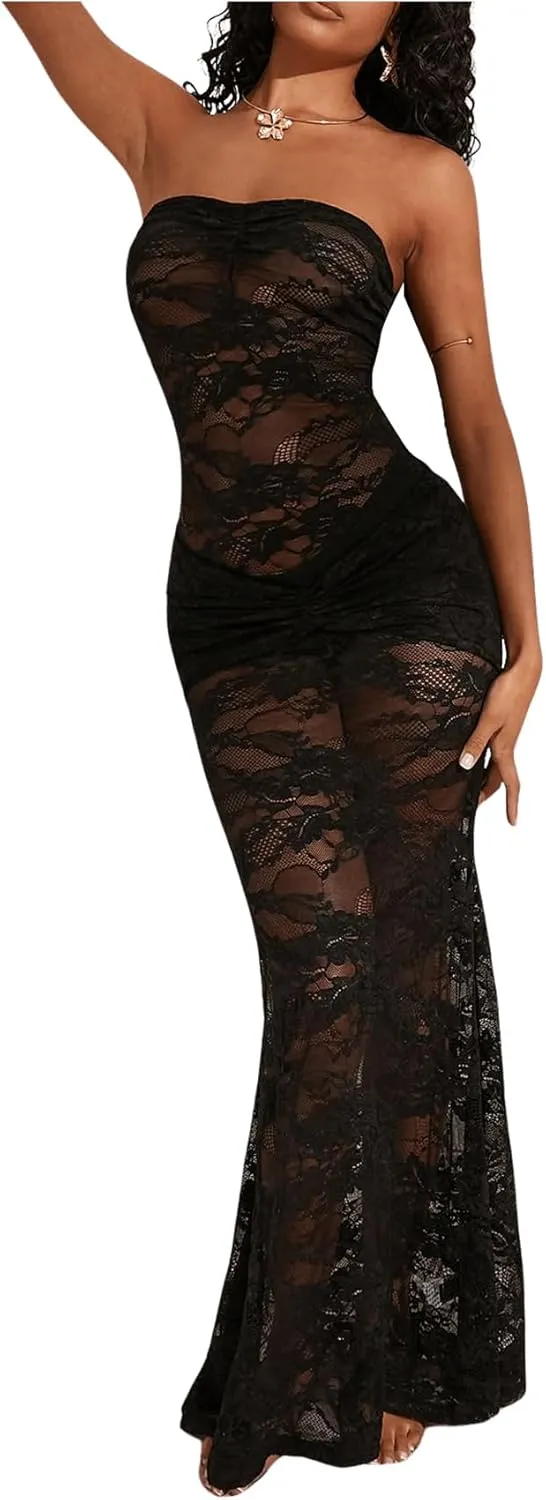 SOLY HUX Women's Lace Sheer Maxi Dress Strapless Sleeveless Tube Fishtail Bodycon Long Party Club Dresses