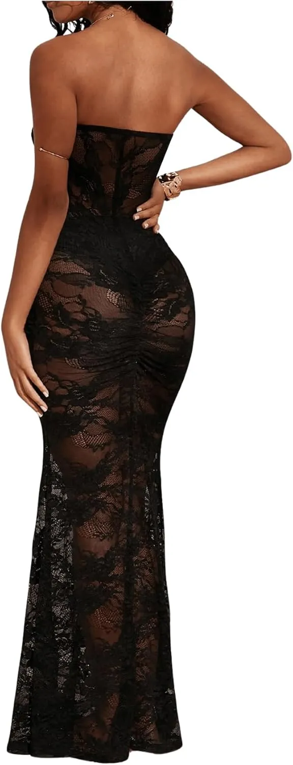 SOLY HUX Women's Lace Sheer Maxi Dress Strapless Sleeveless Tube Fishtail Bodycon Long Party Club Dresses