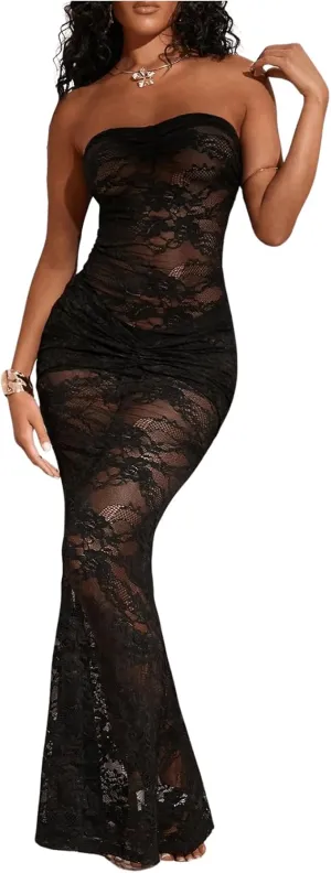 SOLY HUX Women's Lace Sheer Maxi Dress Strapless Sleeveless Tube Fishtail Bodycon Long Party Club Dresses
