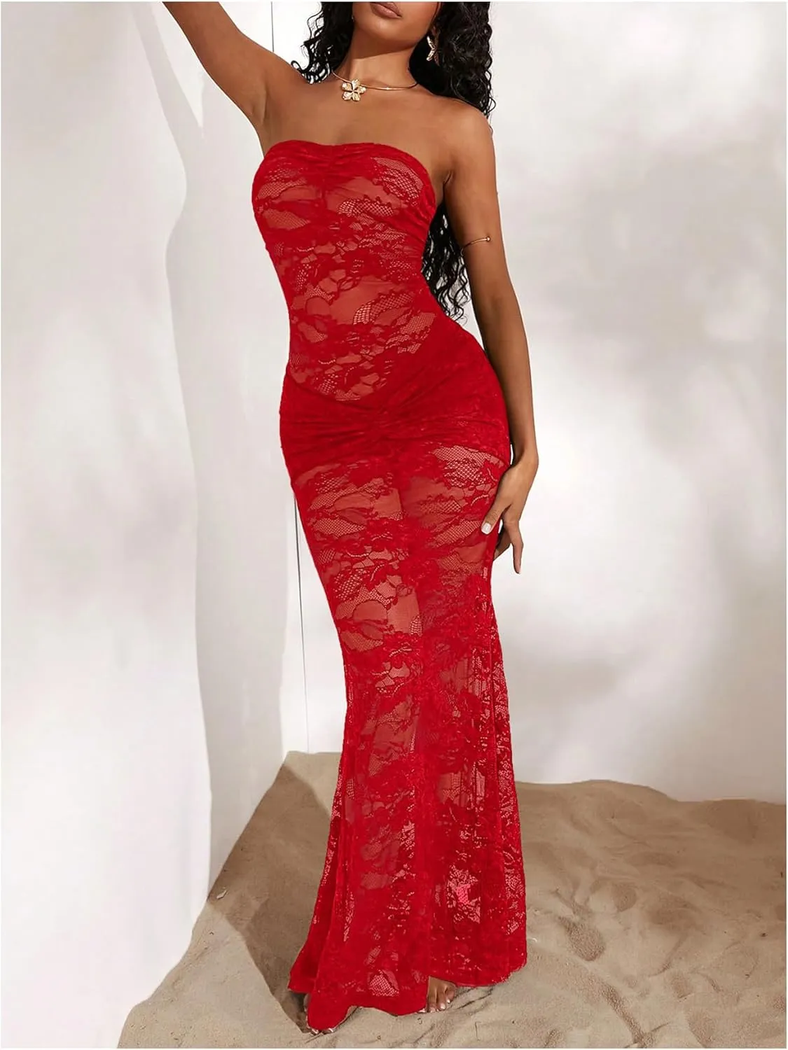 SOLY HUX Women's Lace Sheer Maxi Dress Strapless Sleeveless Tube Fishtail Bodycon Long Party Club Dresses