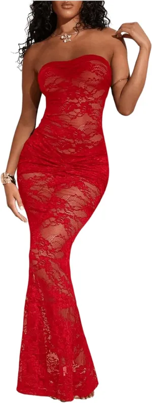 SOLY HUX Women's Lace Sheer Maxi Dress Strapless Sleeveless Tube Fishtail Bodycon Long Party Club Dresses