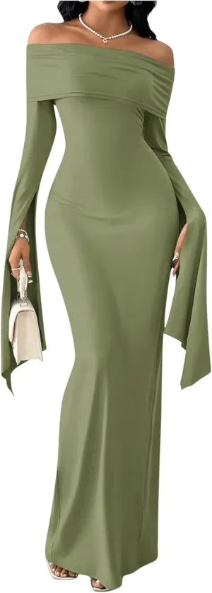 SOLY HUX Women's Maxi Dress Off Shoulder Long Sleeve Split Back Bodycon Long Dresses