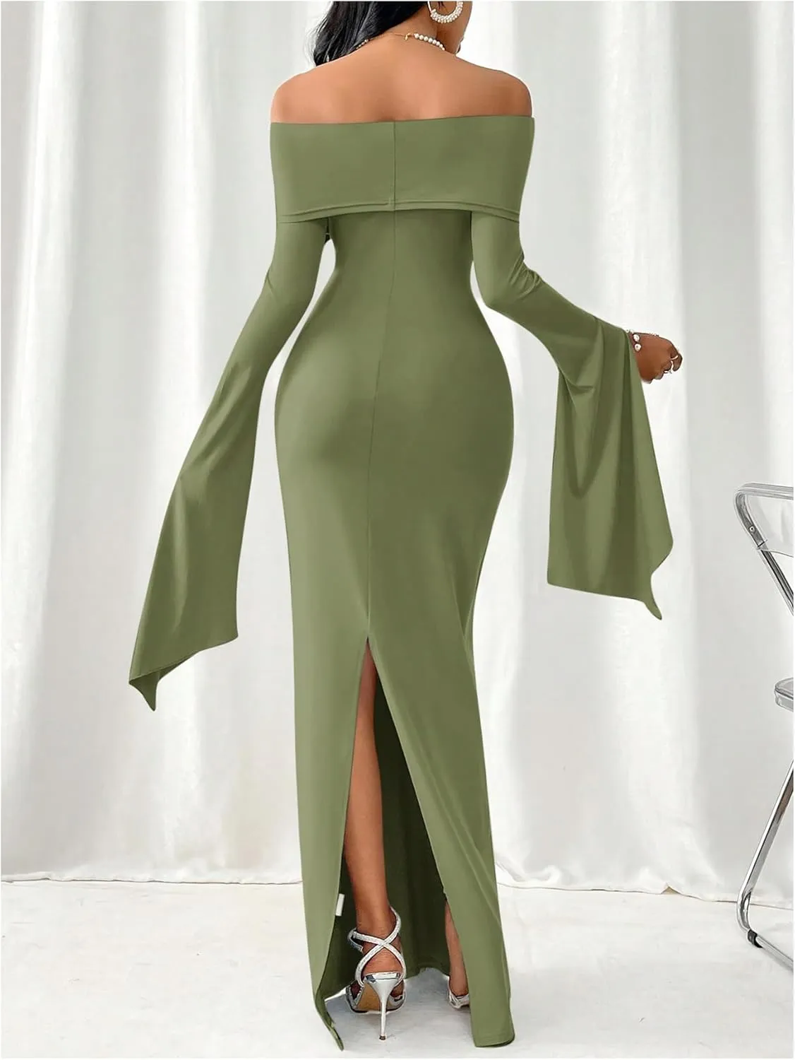 SOLY HUX Women's Maxi Dress Off Shoulder Long Sleeve Split Back Bodycon Long Dresses