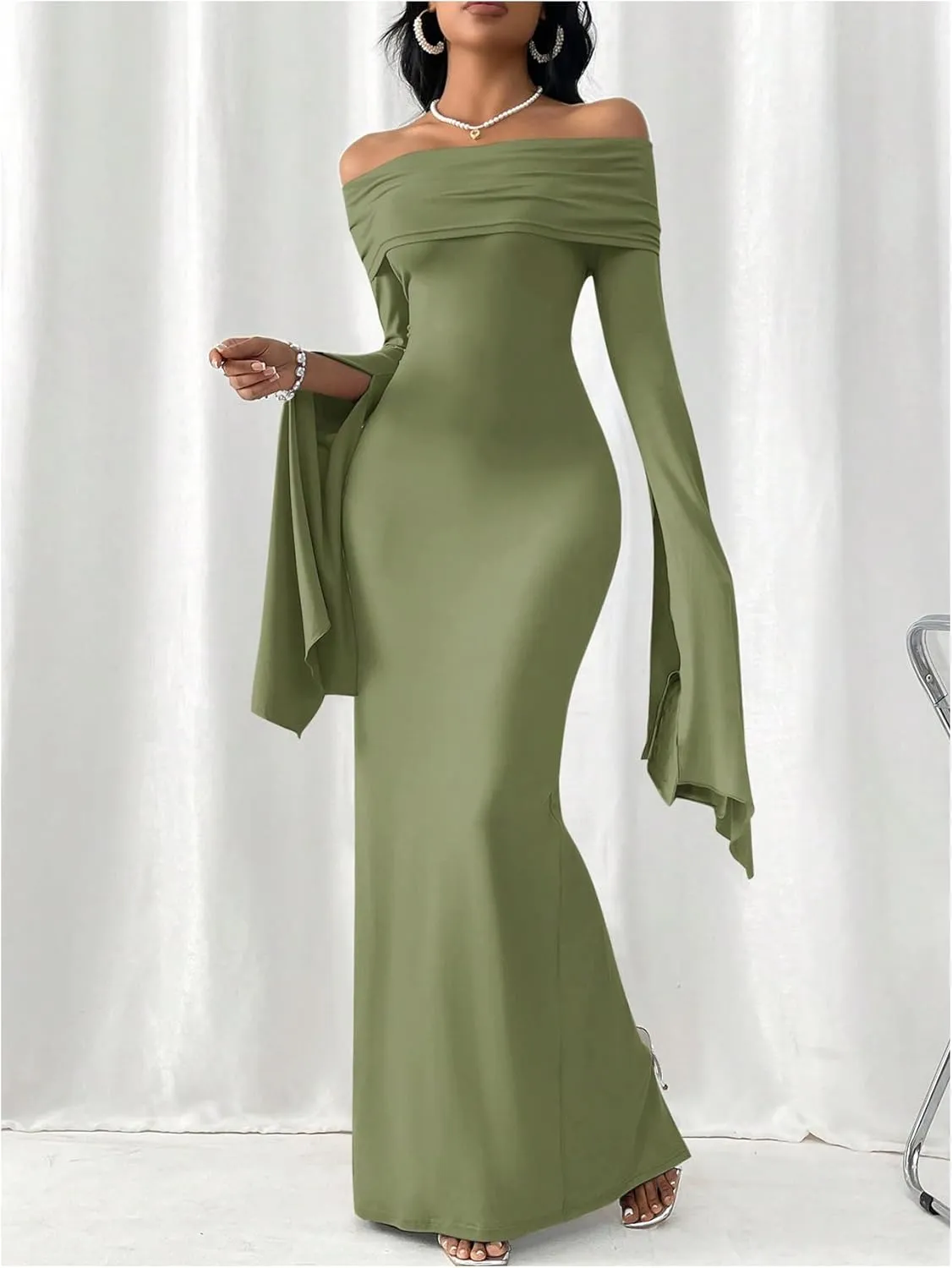 SOLY HUX Women's Maxi Dress Off Shoulder Long Sleeve Split Back Bodycon Long Dresses