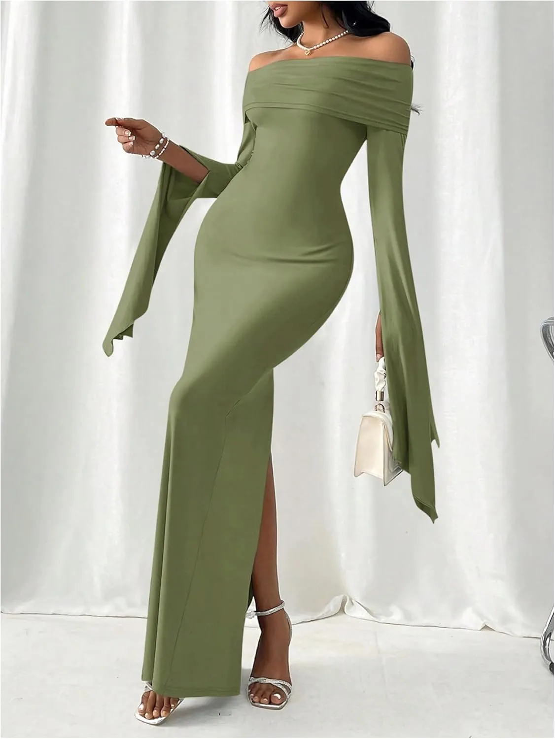 SOLY HUX Women's Maxi Dress Off Shoulder Long Sleeve Split Back Bodycon Long Dresses