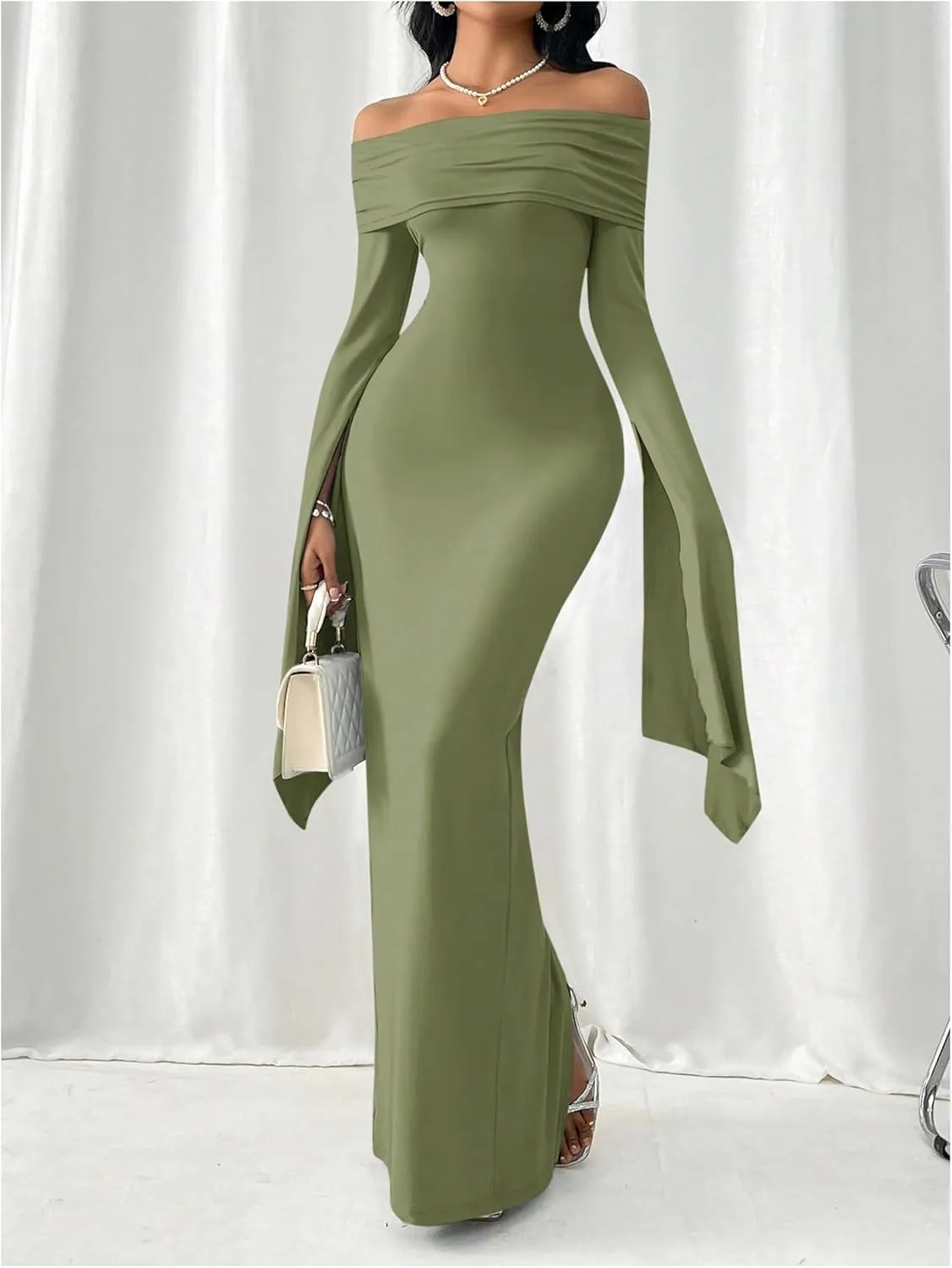 SOLY HUX Women's Maxi Dress Off Shoulder Long Sleeve Split Back Bodycon Long Dresses
