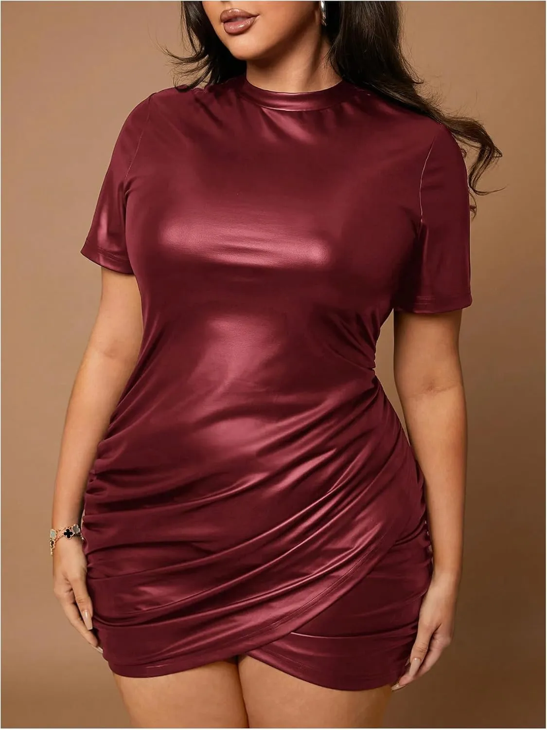 SOLY HUX Women's Plus Size Bodycon Mini Dress PU Leather Mock Neck Short Sleeve Ruched Wrap Hem Party Dresses