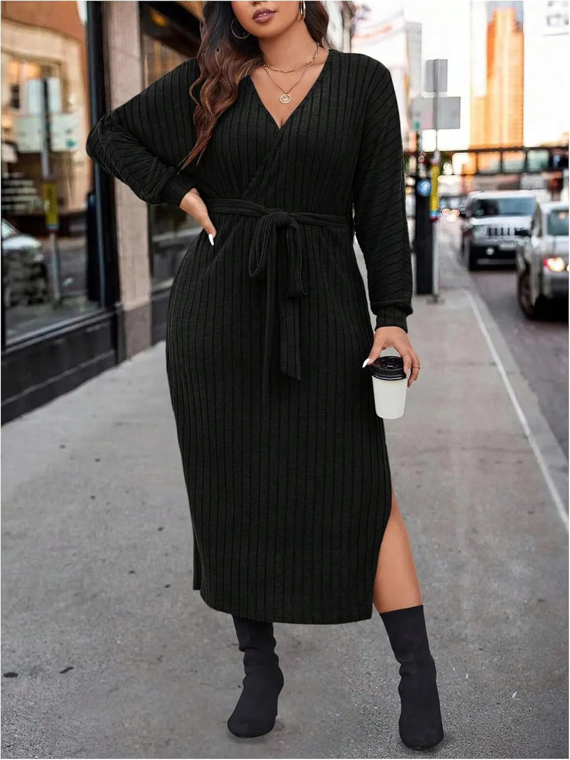 SOLY HUX Women's Plus Size Split Dress V Neck Wrap Long Sleeve Bodycon Belted Midi Dresses
