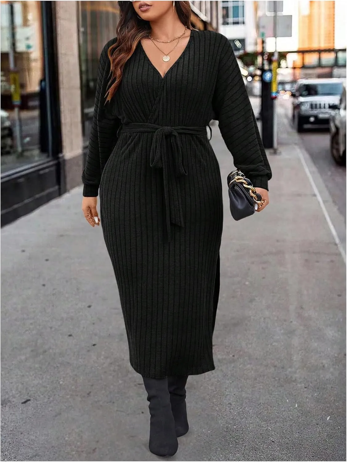 SOLY HUX Women's Plus Size Split Dress V Neck Wrap Long Sleeve Bodycon Belted Midi Dresses