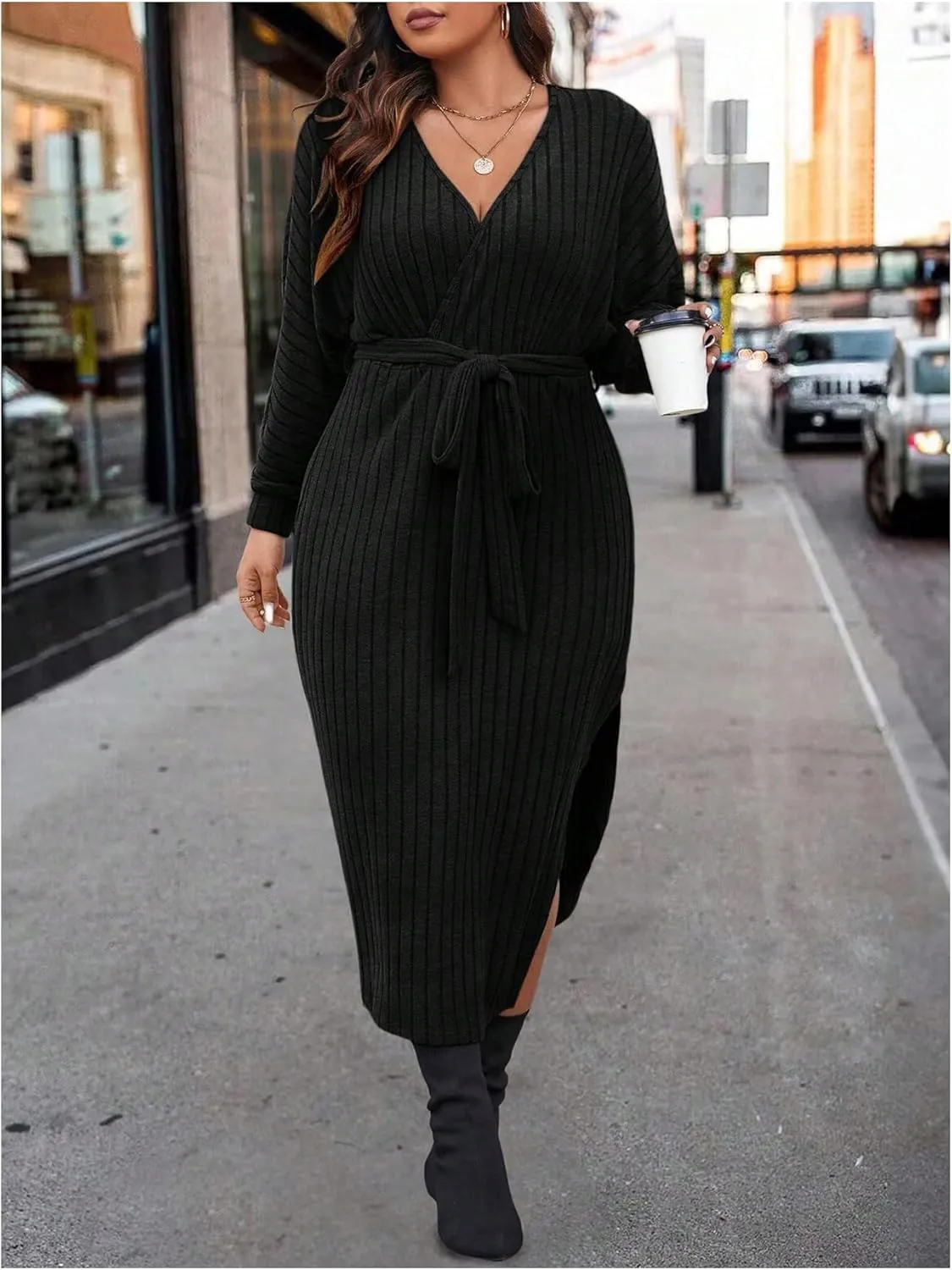 SOLY HUX Women's Plus Size Split Dress V Neck Wrap Long Sleeve Bodycon Belted Midi Dresses
