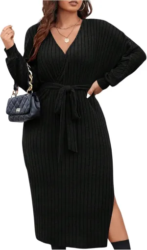 SOLY HUX Women's Plus Size Split Dress V Neck Wrap Long Sleeve Bodycon Belted Midi Dresses
