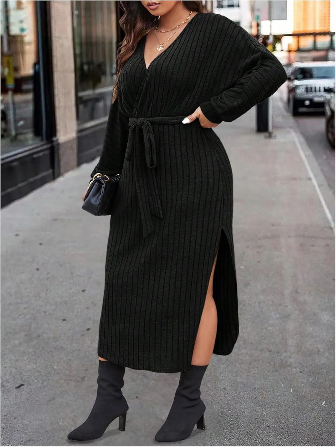 SOLY HUX Women's Plus Size Split Dress V Neck Wrap Long Sleeve Bodycon Belted Midi Dresses