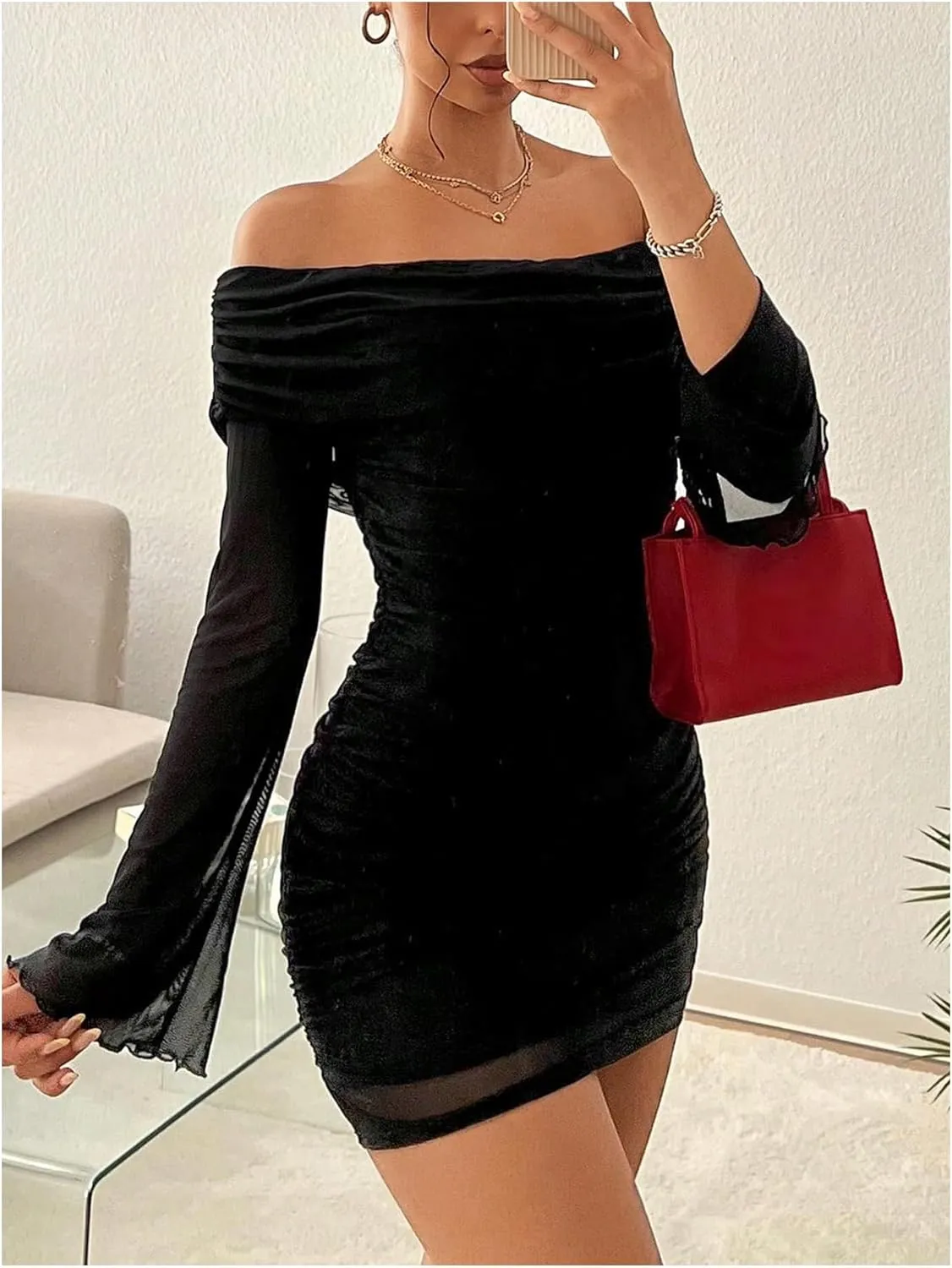 SOLY HUX Women's Ruched Mesh Off Shoulder Bodycon Mini Dress Bell Long Sleeve Club Party Dresses