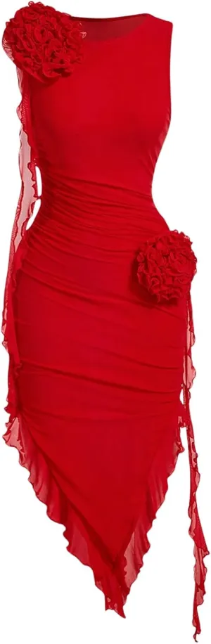SOLY HUX Women's Sleeveless Floral Appliques Bodycon Dress Mesh Irregular Ruffle Hem Party Dresses