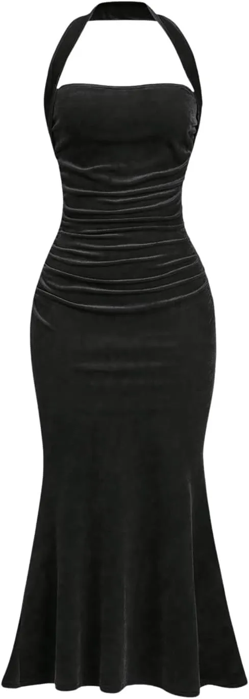 SOLY HUX Women's Velvet Halter Bodycon Dress Sleeveless Ruched Fishtail Cocktail Party Long Dresses