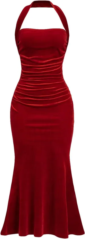 SOLY HUX Women's Velvet Halter Bodycon Dress Sleeveless Ruched Fishtail Cocktail Party Long Dresses