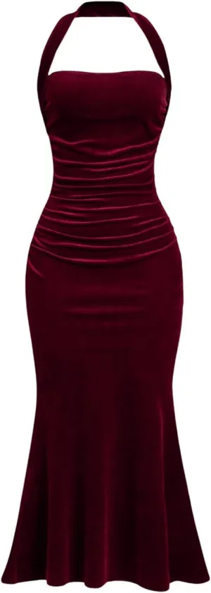 SOLY HUX Women's Velvet Halter Bodycon Dress Sleeveless Ruched Fishtail Cocktail Party Long Dresses