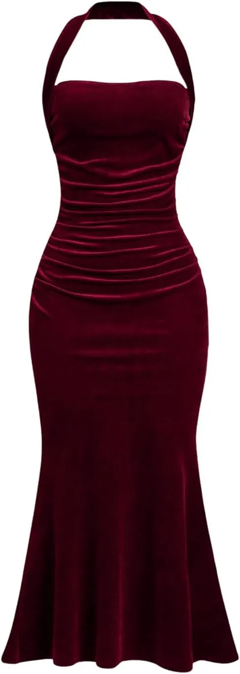 SOLY HUX Women's Velvet Halter Bodycon Dress Sleeveless Ruched Fishtail Cocktail Party Long Dresses