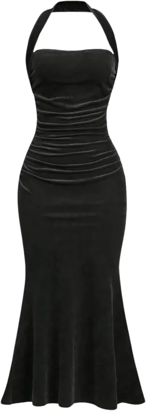 SOLY HUX Women's Velvet Halter Bodycon Dress Sleeveless Ruched Fishtail Cocktail Party Long Dresses