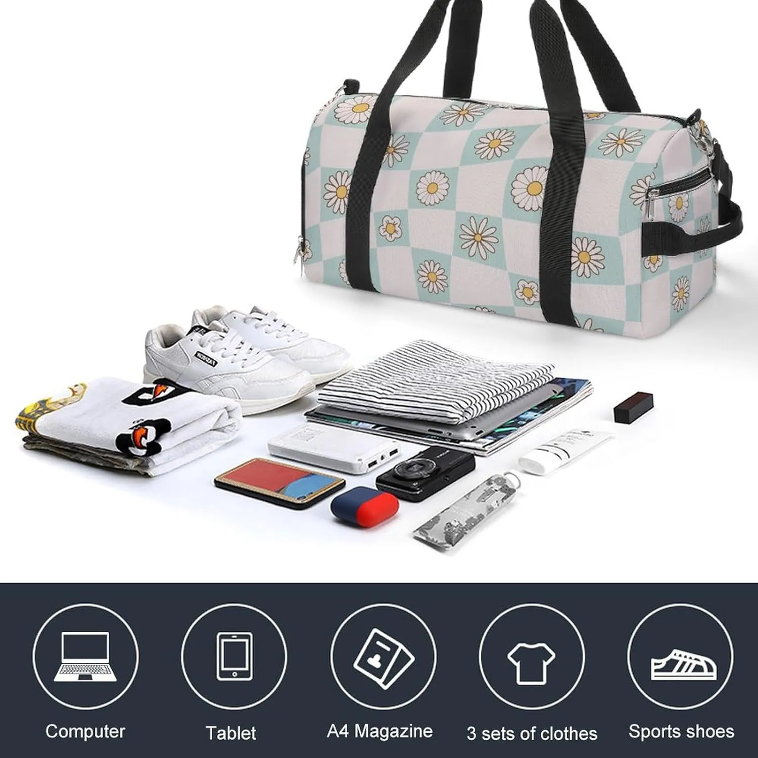 Sport Gym Duffel with Shoe Compartment Wet Pocket, Checkerboard-style-retro Shoulder Travel Bag for Women Men