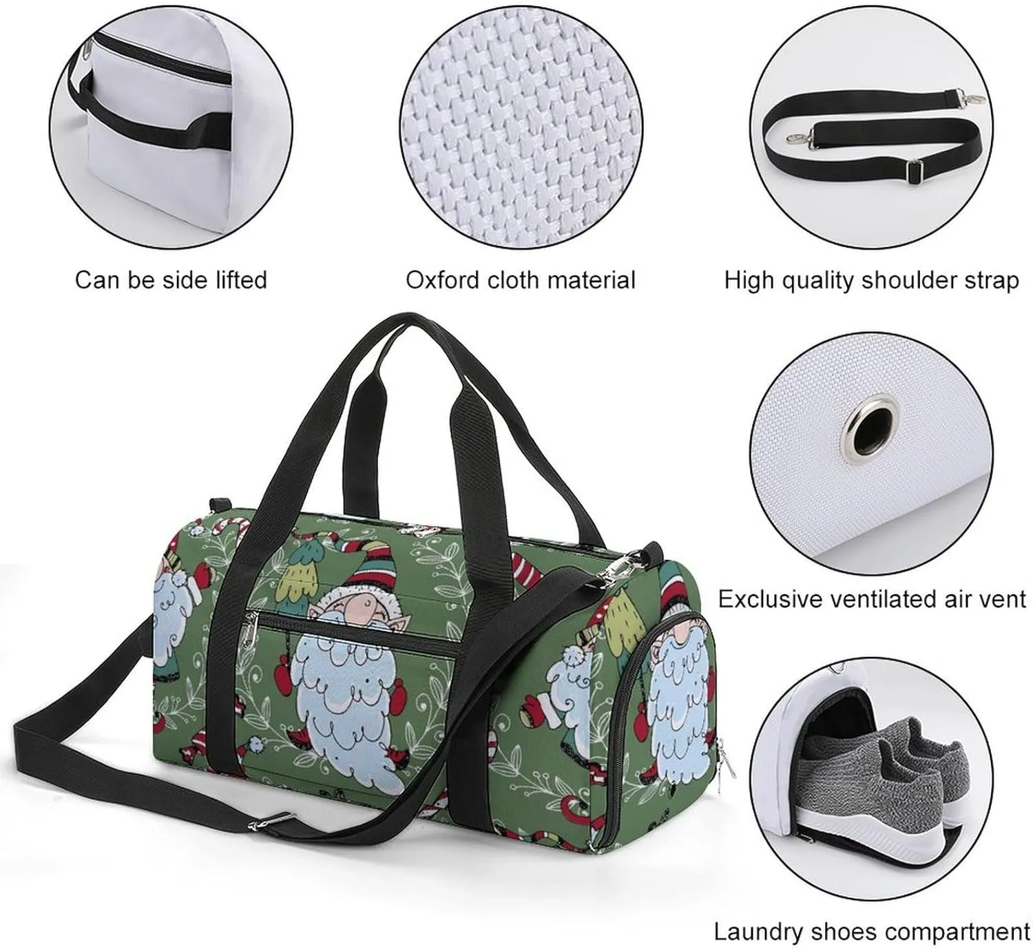 Sport Gym Duffel with Shoe Compartment Wet Pocket, Christmas-pattern-nordic-gnomes Shoulder Travel Bag for Women Men, style-3